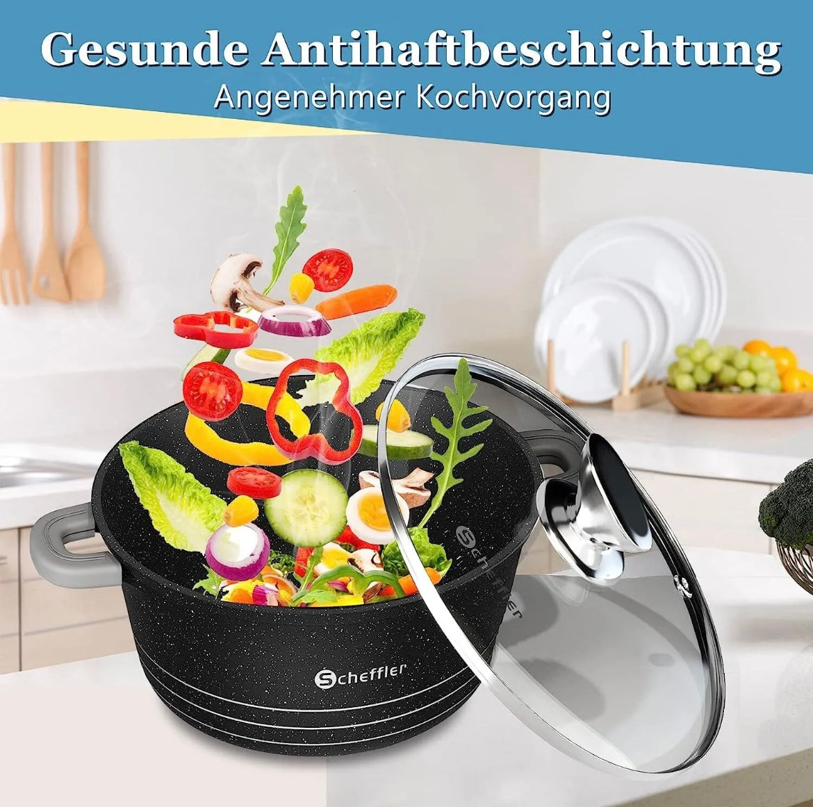 Top-Set Kochtopf Set Antihaftbeschichtung 4 Stück mit Glasdeckel 24cm/28cm/32cm/36cm Induktionsgeeignet