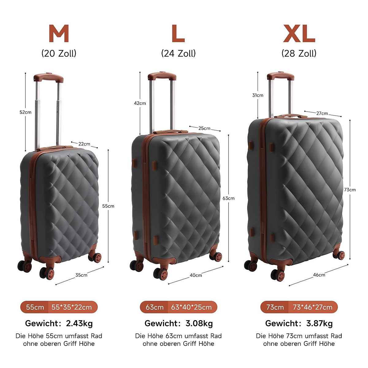 Reisekoffer Set 3-Teilig Hartschale Reisekoffer ABS Set - M-L-XL in Grau
