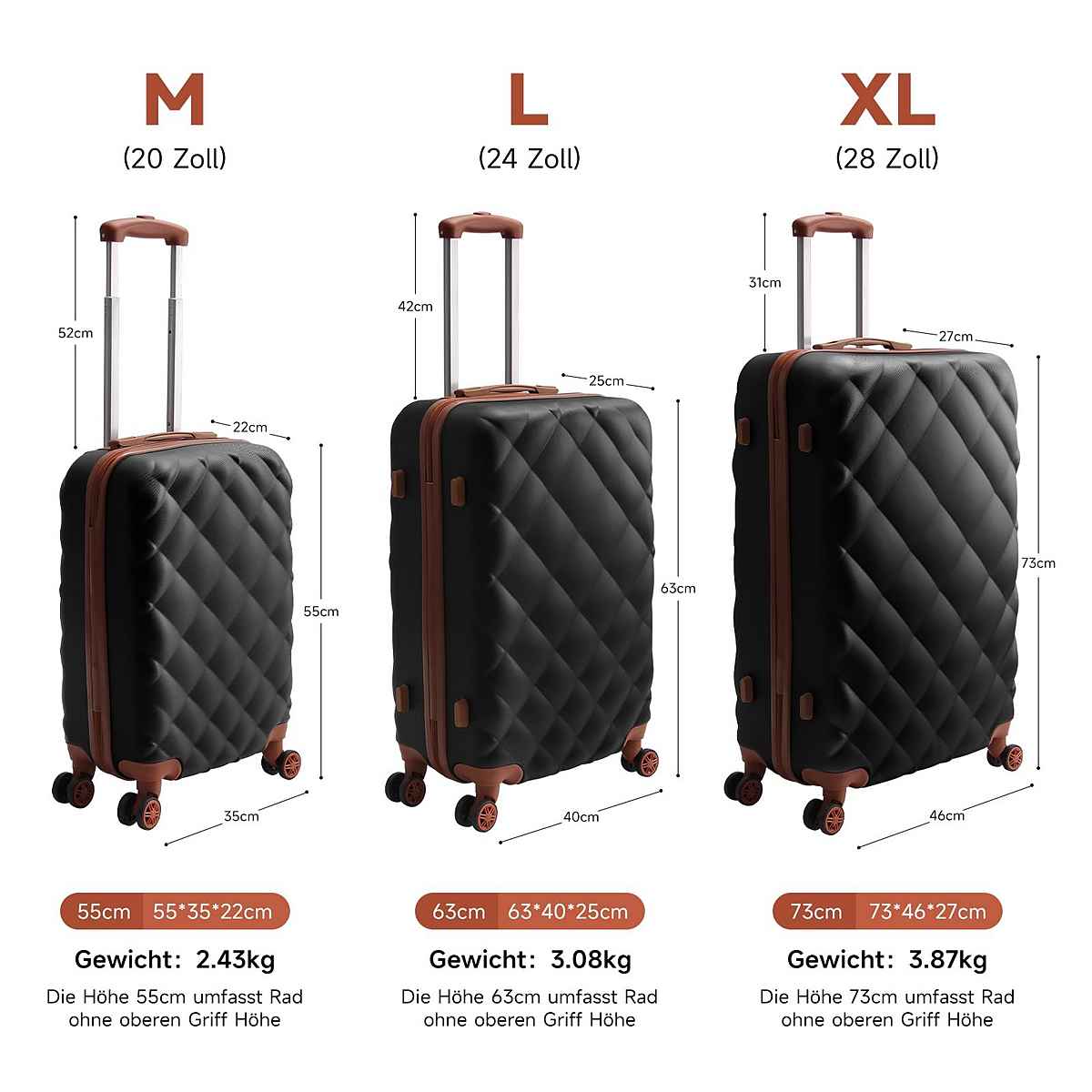 Reisekoffer Set 3-Teilig Hartschale Reisekoffer ABS Set - M-L-XL in Schwarz