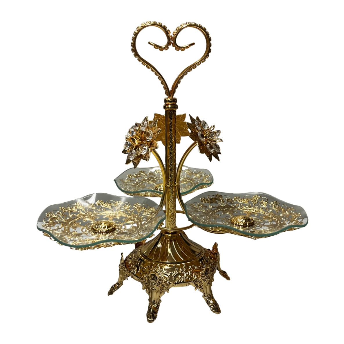 Serviertablett mit 3 Glasteller, Obsttablett, Kuchentablett in Gold