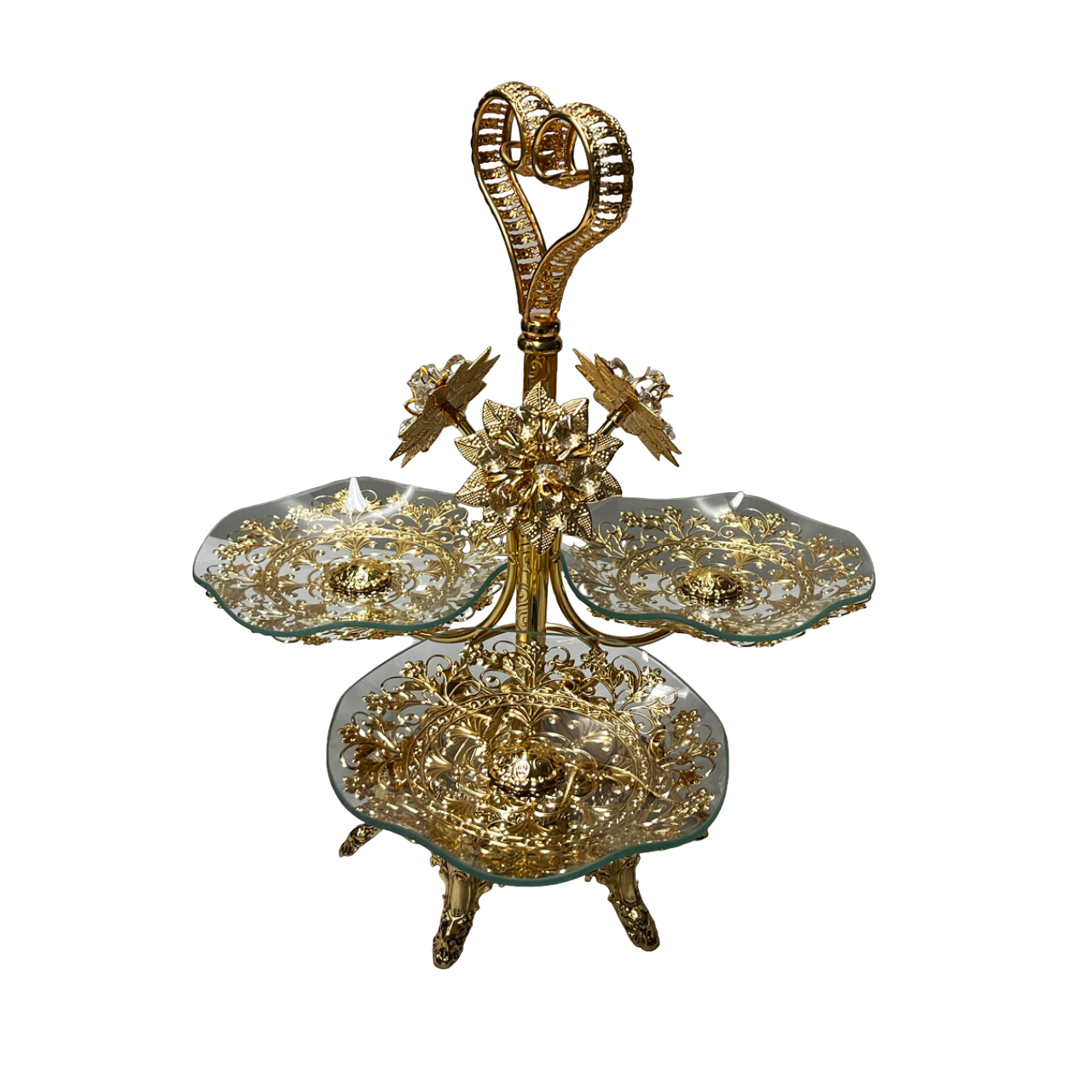 Serviertablett mit 3 Glasteller, Obsttablett, Kuchentablett in Gold