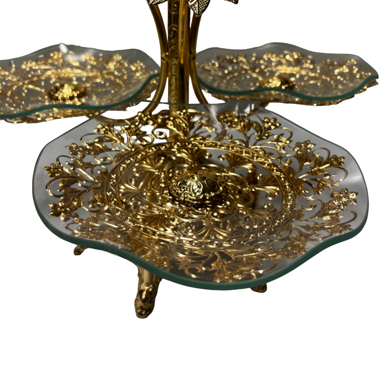 Serviertablett mit 3 Glasteller, Obsttablett, Kuchentablett in Gold
