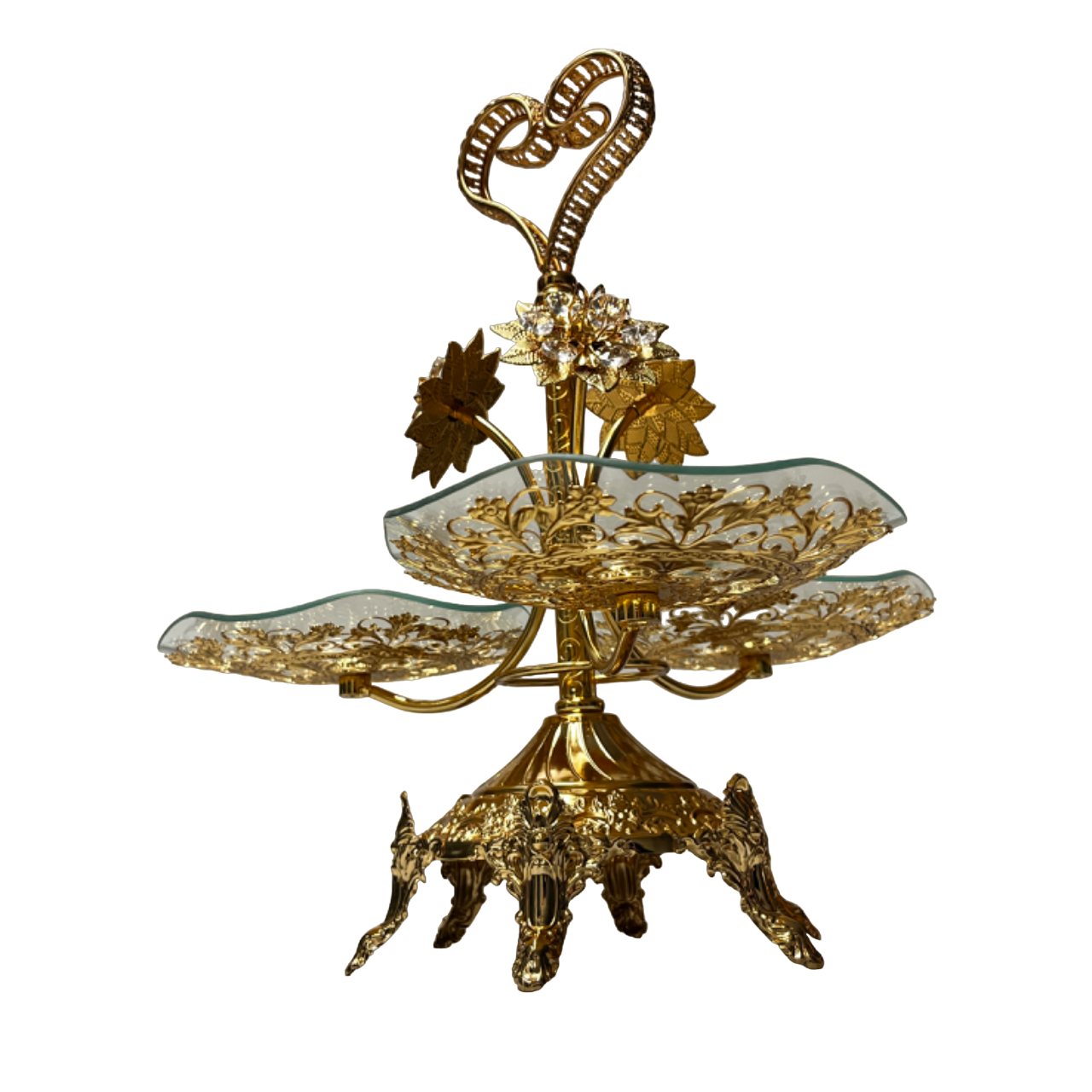Serviertablett mit 3 Glasteller, Obsttablett, Kuchentablett in Gold